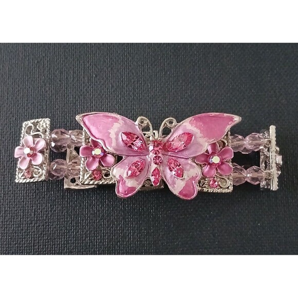 Butterfly Bracelet Pretty Pink Stretchy Bead Rhinestones Women's Costume Jewelry - Picture 1 of 12